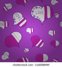 Vector illustration. Romantic seamless. Sketch heart elements on violet, white and magenta colors. Valentine':s day. Love repeated backdrop for girl, textile, clothes, wrapping paper.