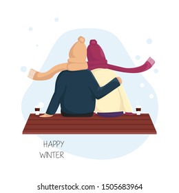 Vector Illustration of Romantic Silhouette of Loving Couple Sit on Bench with Cups of Hot Chocolate in Flat Cartoon Style. Concept Design of The Back View of Couple for Valentine Day, Christmas