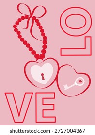 Vektorgrafik romantischer Symbole, einschließlich herzförmiger Schlösser, Schlüssel und Liebestext. Entworfen mit roten und rosa Farbtönen, perfekt für Valentinstag, Hochzeiten und romantische Themen.