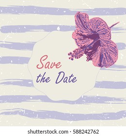 Vector illustration romantic template with pink hibiscus, lilac watercolor sripes. Save the date, bridal shower, birthday, invitation card for print