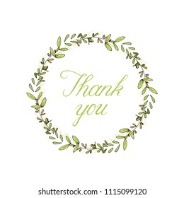 vector illustration of romantic thank you card with flowers wreath and calligraphy