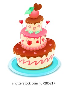 Vector illustration of a romantic tiered cake decorated with flowers and funky hearts