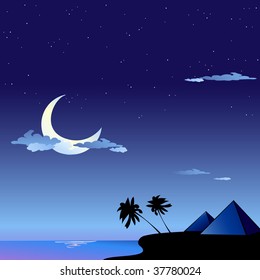 Vector illustration of romantic travel background with cartoon  skyline silhouettes of Pyramids in Egypt