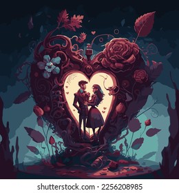 Vector illustration of romantic valentines couple together inside a heart symbol