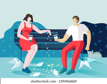 Vector Illustration Romantic Walk in Park Flat. Man and Woman Sit on Bench in Park and Feed Urban Pigeons. Couple Resting Looking Like Birds Eat. Friendly Relations Between People.