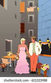 A vector illustration of romantic wedding couple in old urban building