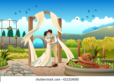 A Vector Illustration Of Romantic Wedding Couple In A Beautiful Scene