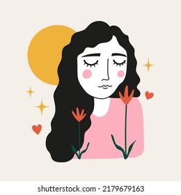 Vector illustration with romantic woman in love with flowers, hearts, stars and sun. Trendy female print design