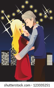 A vector illustration of a romantic young couple kissing