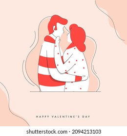 Vector Illustration Of Romantic Young Couple On Pink Background For Happy Valentine's Day Concept.