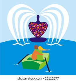 vector illustration of romantic young couple in a boat