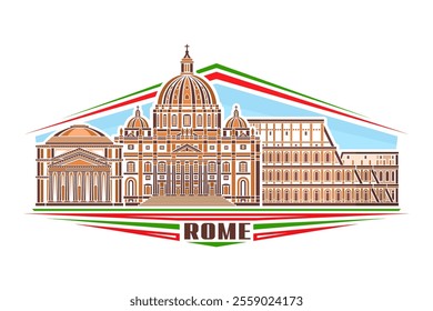 Vector illustration of Rome, horizontal sign with linear design famous heritage rome city scape on day sky background, european urban line art concept with unique brush lettering for brown text rome