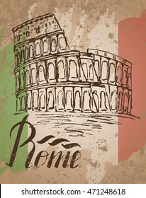 Vector illustration, Rome label with hand drawn Coliseum, lettering Rome and italian flag