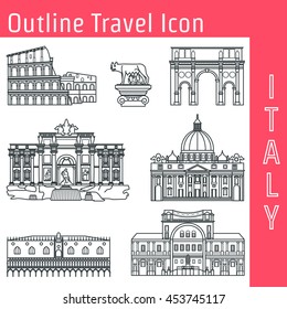 Vector Illustration of Rome Landmark Outline for Design, Website, Background, Banner. Silhouette Italy Tourism Infographic Element. Vacation Template. coliseum, Vatican Museum, Trevi fountain