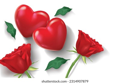 vector illustration romence background design template top view.two hearts and rose flowers and rose leafs on the white background isolated.use for valentine's day card design and lover concept.