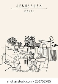 Vector illustration of roofs in Jerusalem. Grungy black marker outline drawing. Vertical postcard greeting card design template. Travel sketch background with a space for text. Hand lettered title