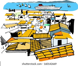Vector illustration of rooftops, buildings in Alfama district, Lisbon, Portugal. 