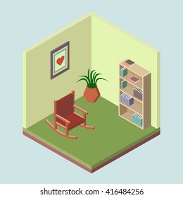 vector illustration, room, bookcase, flower pot, rocking chair, isometric 3d icon for web and infographics