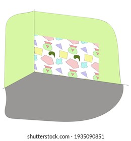 A vector illustration of a room corner with bright green walls, a colorful panel and a grey floor isolated on white background. An original design element for templates and backgrounds.