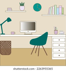 ilustración vectorial de una habitación con un escritorio y un ordenador