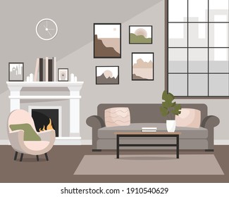 Vector illustration of a room with a fireplace.