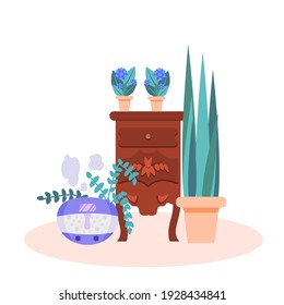 Vector illustration of a room with a humidifier in a flat style. The humidifier sits on an antique nightstand, surrounded by indoor plants . The concept of a healthy climate in the house.