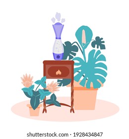 Vector illustration of a room with a humidifier in a flat style. The humidifier sits on an antique nightstand, surrounded by indoor plants . The concept of a healthy climate in the house.
