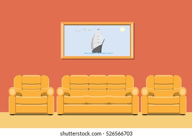 Vector illustration of a room interior with armchairs, a sofa and a picture. Flat.
