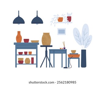 Vector illustration of a room interior with a chandelier, a shelf and ceramic dishes with equipment for making. Isolated objects for a pottery workshop. Flat cartoon style. Handmade.