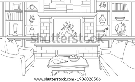 Vector illustration, room interior with fireplace, with shelves and upholstered furniture, coloring book