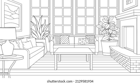 Vector illustration, room interior with fireplaces, coloring book.