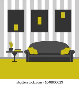 Vector illustration of a room interior with furniture. Gray sofa. Green and gray.