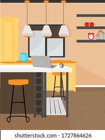 Vector illustration. ROOM. INTERIOR KITCHEN STUDIO. A cozy place to work.