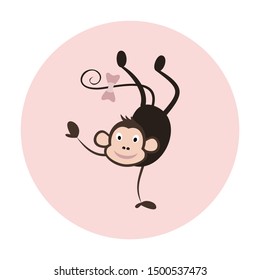 Vector illustration of a child’s room. Illustration with a monkey on a pink background. Template for posters, children's textiles, notebooks, mugs and other uses.