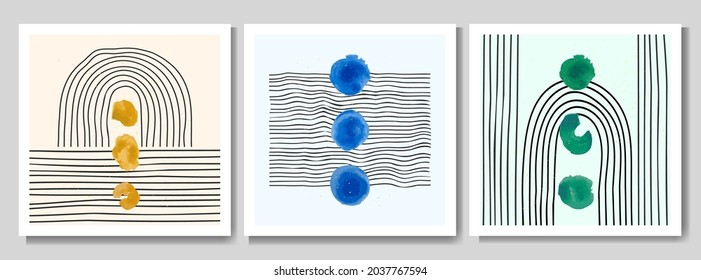 Vector illustration. Room, office, house interior decoration. Nordic concept. Scandinavian style. Design elements for social media template, web banner. Abstract lines and color paint splash circles