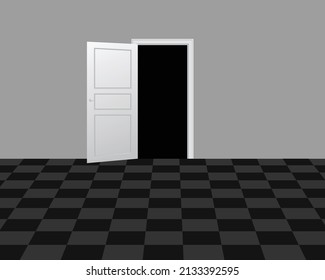 Vector illustration of a room with an open door and a floor with square tiles