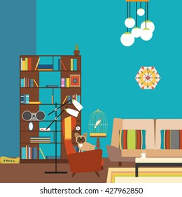 Ilustración vectorial de una habitación en el estilo de los años 70 con estantería, sofá, sillón, lámpara de pie, perro, loro. Ilustración vectorial de una sala de estar al estilo de los años 70