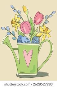 Vector Illustration Of A Room Watering Can With Flowers In A Cartoon Style