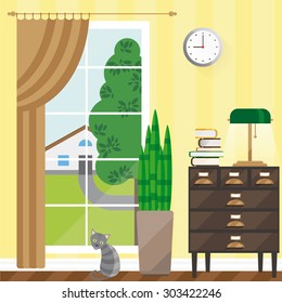 Vector illustration of a room. A room with a window and a chest of drawers, window flower stands and sitting cat. On the dresser are books, standing next to the lamp. On the wall hang watch. 