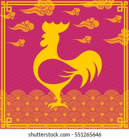 Vector illustration of rooster (animal symbol of chinese new year 2017) silhouette with oriental vintage frame on pattern red background for greeting card