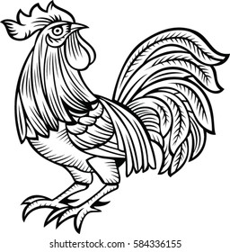 Vector illustration of rooster, black and white style