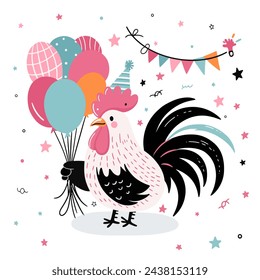 Vector illustration of a rooster. Bright, cheerful rooster with festive balls and confetti for cards.