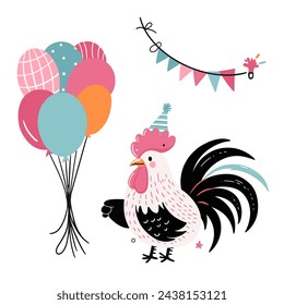 Vector illustration of a rooster. Bright, cheerful rooster with festive balls and confetti for cards.