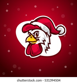 Vector illustration of the rooster in the cap of Santa Claus. Greeting Christmas card.