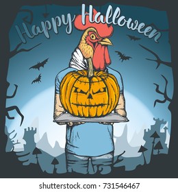 Imagen vectorial de un gallo celebrando Halloween. Rooster con calabaza de Halloween