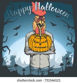 Vector illustration of rooster celebrating Halloween. Rooster with Halloween pumpkin