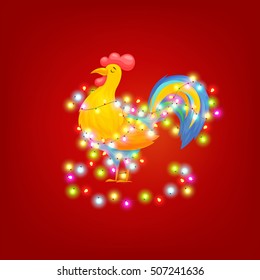Vector illustration of rooster, cock, symbol of New Year  on the Chinese calendar. Merry Christmas, happy New Year illustration. greeting card