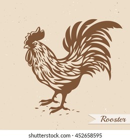 Vector illustration of the rooster or cockerel. Linear hand drawn sketch of the cock on the textured paper background with text.