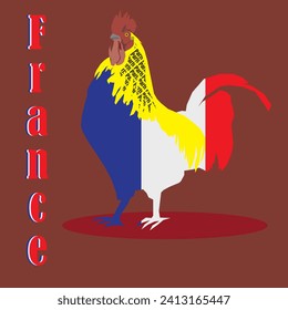 Vector illustration of a rooster. Colorful rooster, rooster in the colors of France. French flag. Inscription on the side: "France". French, France, typical of France, rooster on wine.