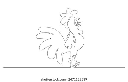 Vector illustration of a rooster crowing in continuous line style with white background.